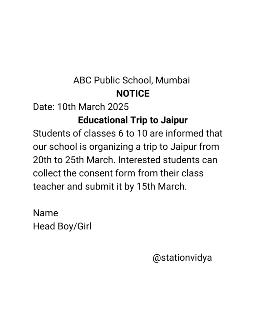 School Trip Notice Writing