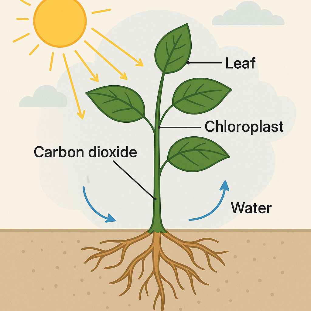 Describe the process of synthesis of food in green plants.